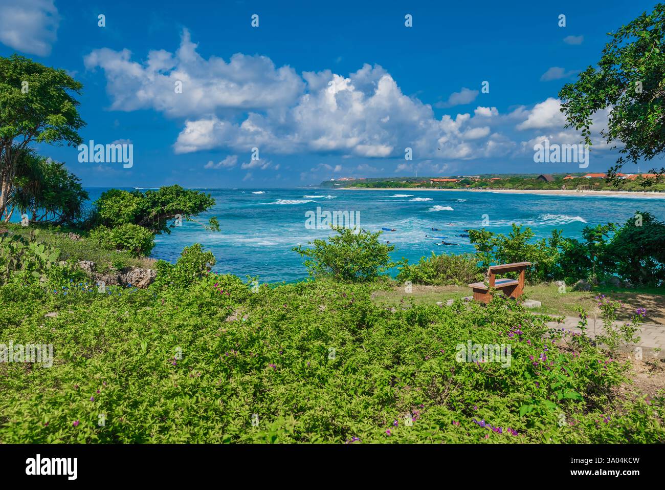 Costa tropicale in giornata soleggiata con alberi tropicali e oceano blu con onde a Bali. Foto Stock
