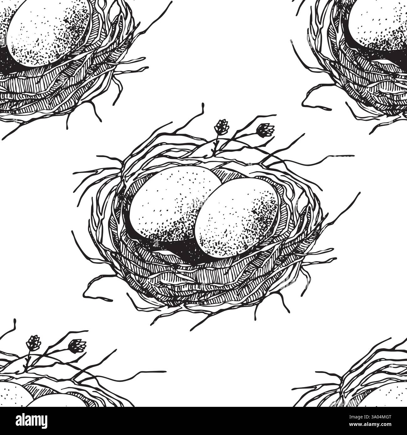 Motivo primaverile senza cuciture con nido d'uccello con uova. Illustrazione vettoriale disegnata a mano durante la Pasqua, design delle festività Illustrazione Vettoriale