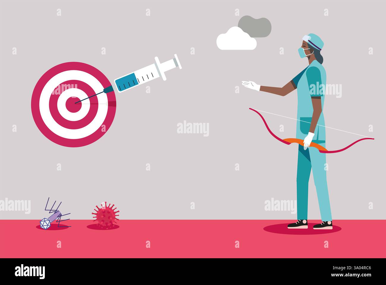 L'infermiere con una maschera protettiva spara una siringa al centro del bersaglio. Sotto alcuni virus morti. Illustrazioni vettoriali Foto Stock