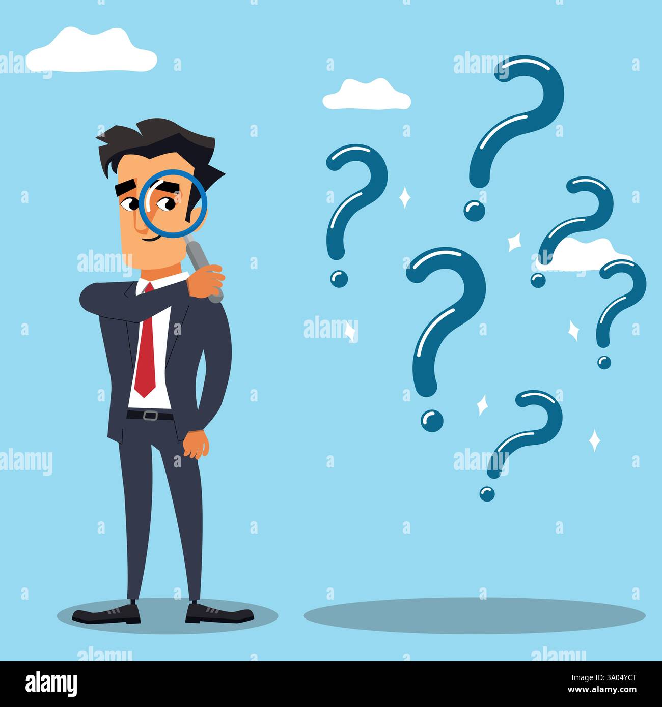 Uomo d'affari confuso che guarda attraverso una lente d'ingrandimento per risolvere un problema, alla ricerca di un concetto di risposta Illustrazione Vettoriale