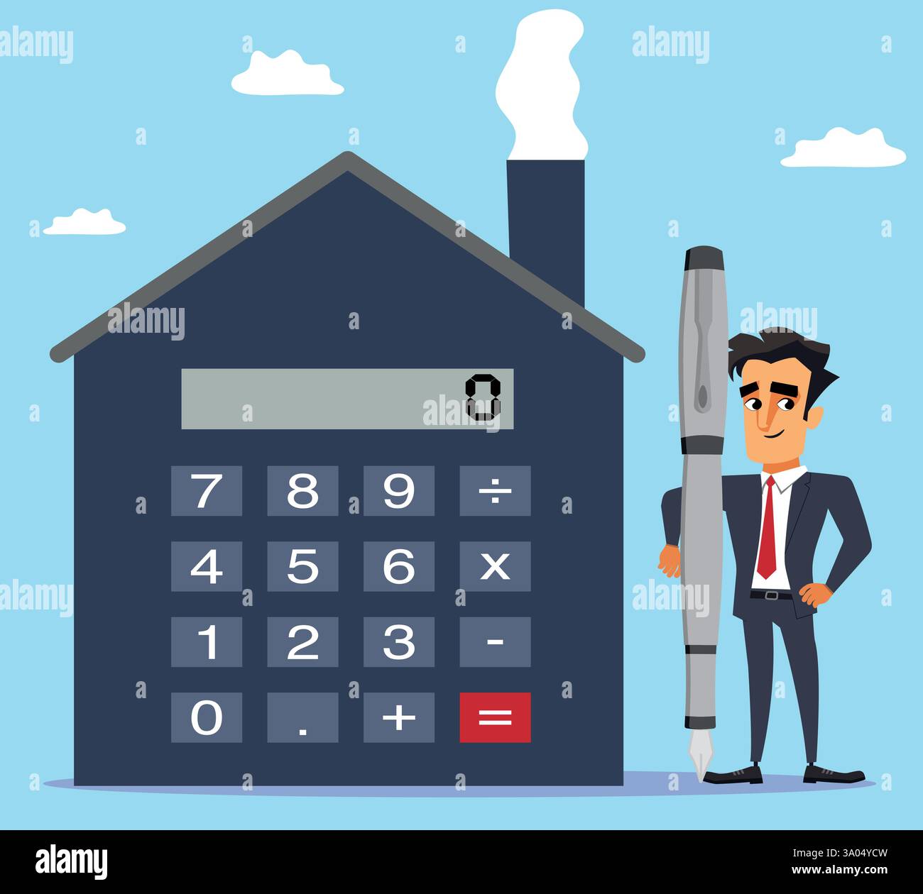 Agente immobiliare o intermediario che detiene un concetto di calcolo di penne, ipoteche o affitti, pagamento di fatture familiari Illustrazione Vettoriale
