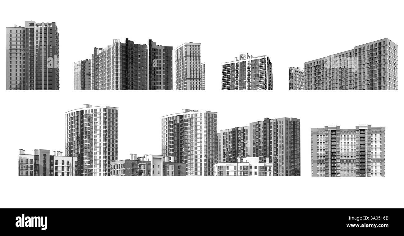 L'edificio presenta alti e moderni edifici residenziali con facciate in cemento in una metropoli urbana. Alloggi a più piani, una vera e propria meraviglia immobiliare Foto Stock