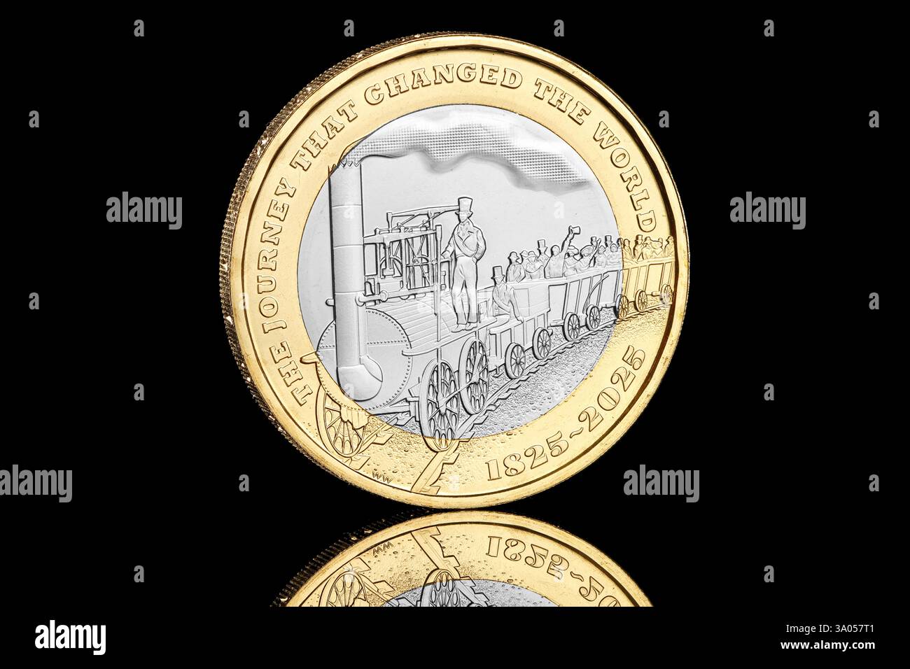 2025 re del Regno Unito Carlo III moneta da 2 sterline per commemorare il 200° anniversario dell'invenzione della moderna locomotiva a vapore Foto Stock