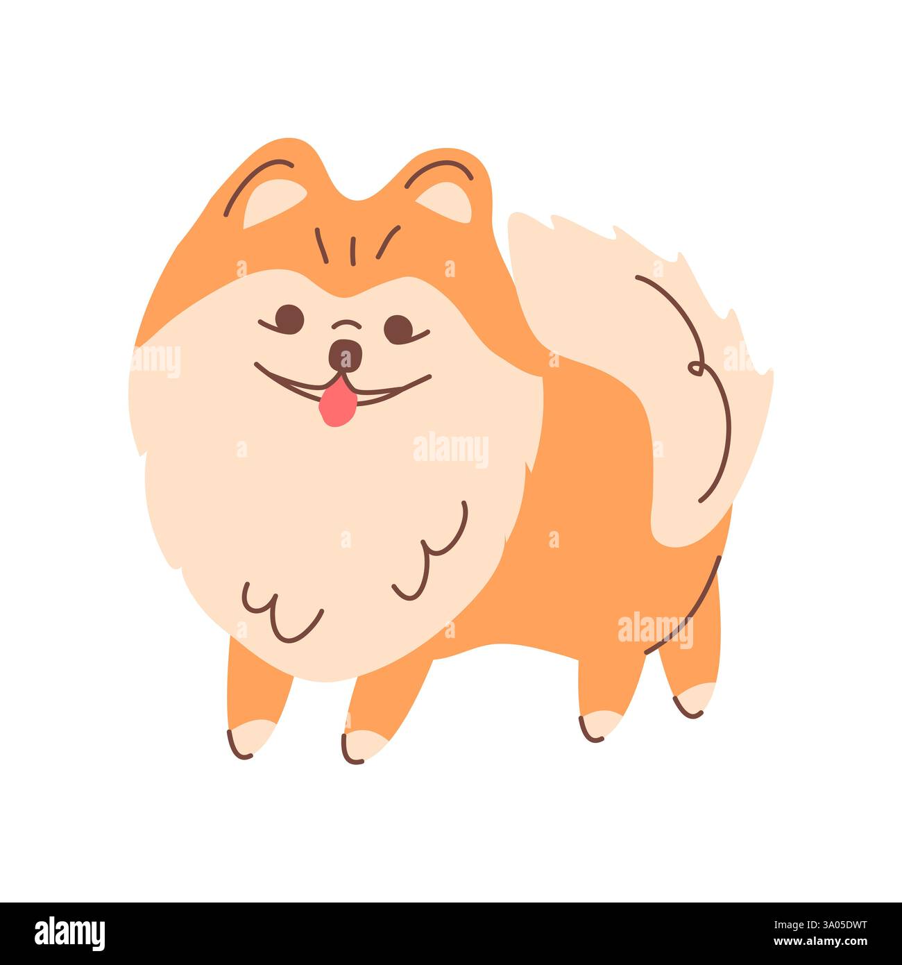 Pomerania Pomerania in una passeggiata, sorridendo e strizzando la lingua. Illustrazione vettoriale di un cucciolo carino. Una razza tedesca di cani di piccola taglia. Per la progettazione grafica di prodotti e stampe per animali domestici. Illustrazione Vettoriale