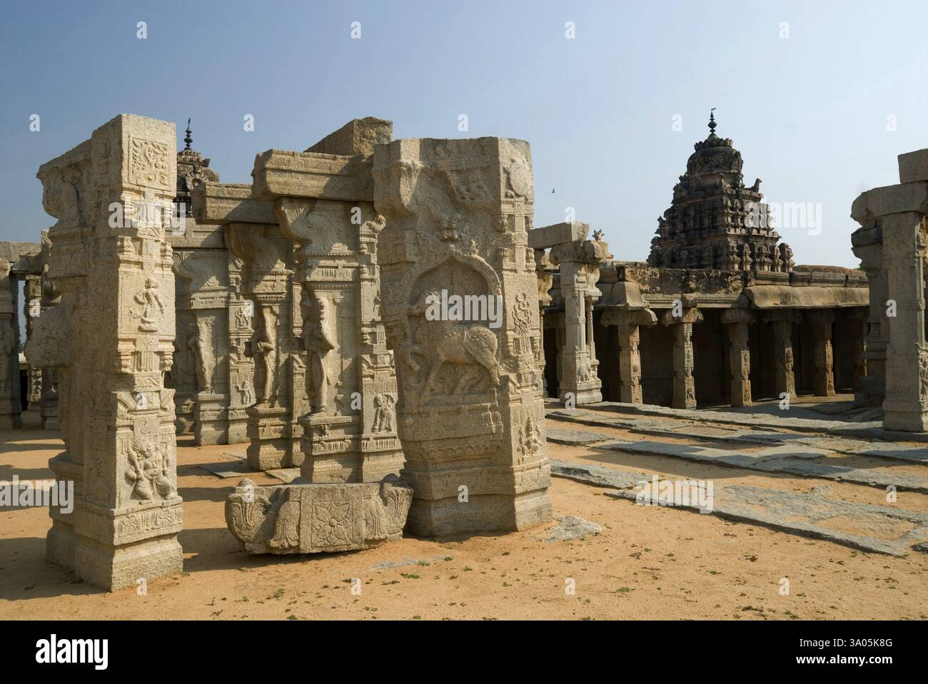 Sala per matrimoni o Kalyana Mantapa con colonne monolitiche scolpite nel tempio Veerabhadra nel XVI secolo, Lepakshi Foto Stock