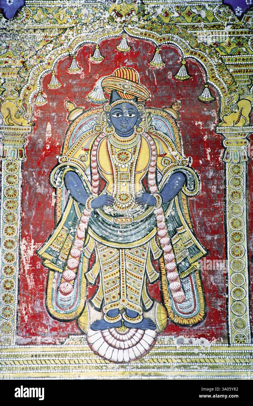 Murale di vithoba nella sala maratha darbar nel palazzo thanjavur, Tanjore, Tamil Nadu, India, Asia Foto Stock