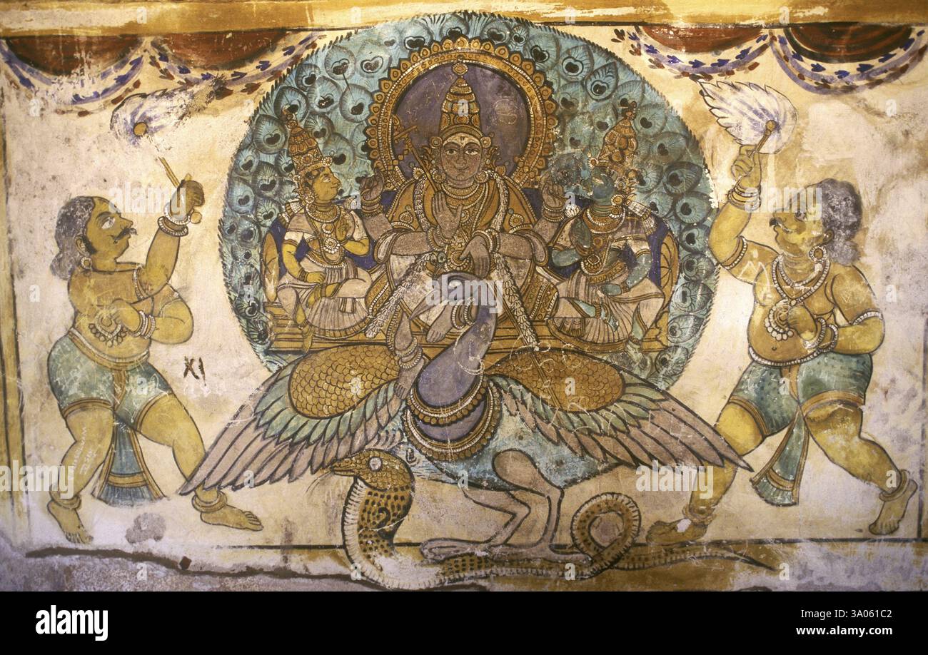 Signore subrahmanya con valli e devasena su peacock del xviii secolo murale nel tempio Brihadeeshswara Thanjavur Foto Stock
