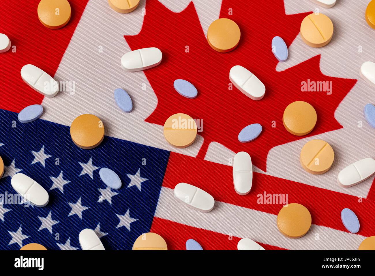 Farmaci da prescrizione, pillole, con bandiere degli Stati Uniti e del Canada. Tariffe, industria medica e concetto di assistenza sanitaria. Foto Stock