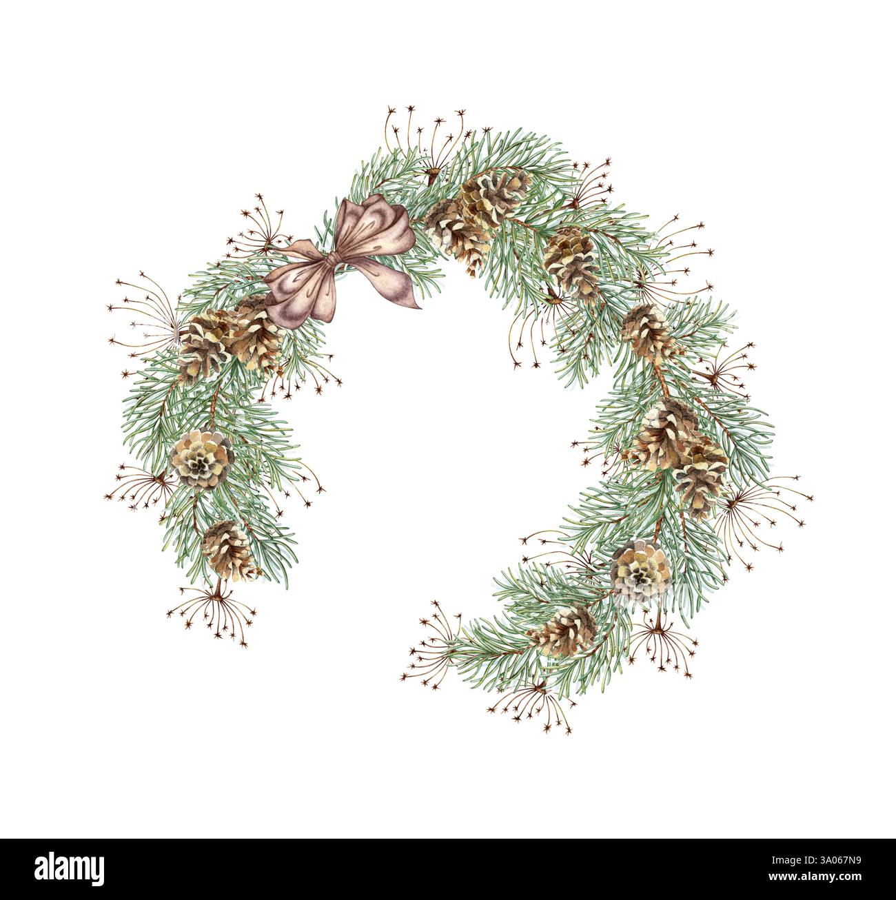 Rami di abete, con arco marrone, coni di pino e erba. Illustrazione ad acquerello della corona di Natale e Capodanno. Telaio rotondo, confine con le piante invernali è Foto Stock