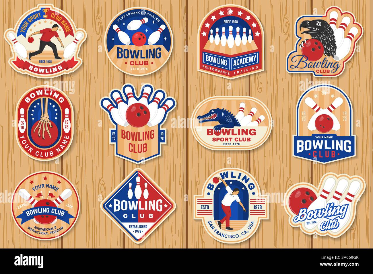 Adesivi, loghi, badge per club sportivi da bowling. Design vintage con birilli da bowling, coccodrillo e silhouette a palla. Vettore. Illustrazione Vettoriale