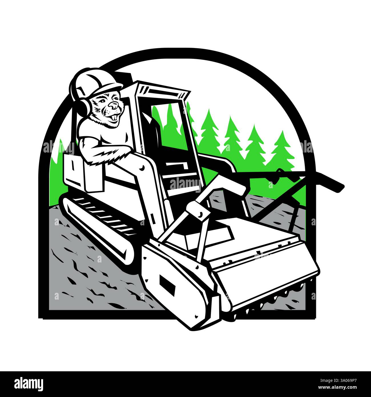 Immagine della mascotte di un castoro cartoni animati che guida una trinciatrice a minipala con foresta di alberi collocati all'interno di una forma di scudo invertita vista da lontano Illustrazione Vettoriale