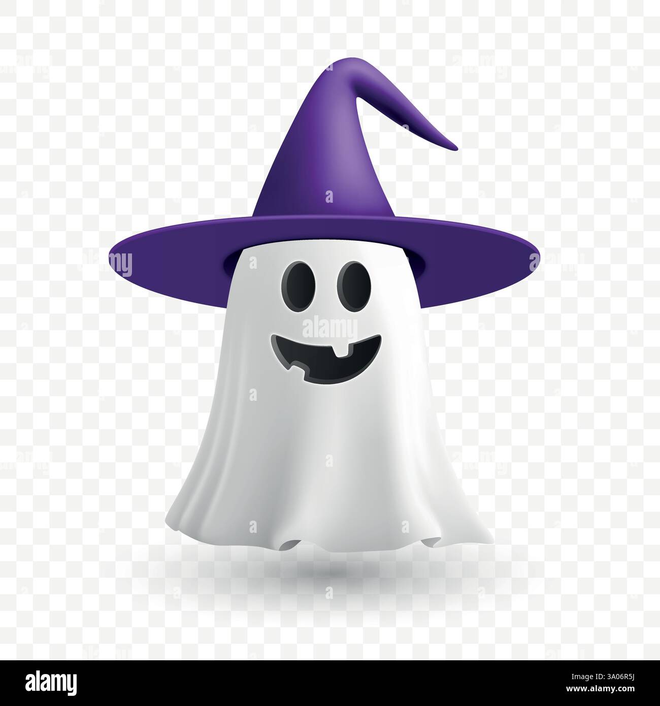 Vector 3d realistico Happy Ghost in Witch Hat. Spaventoso fantasma di Halloween, adorabile Spirito galleggiante. Divertente Cartoon Ghost, isolato. Carattere spaventoso Illustrazione Vettoriale