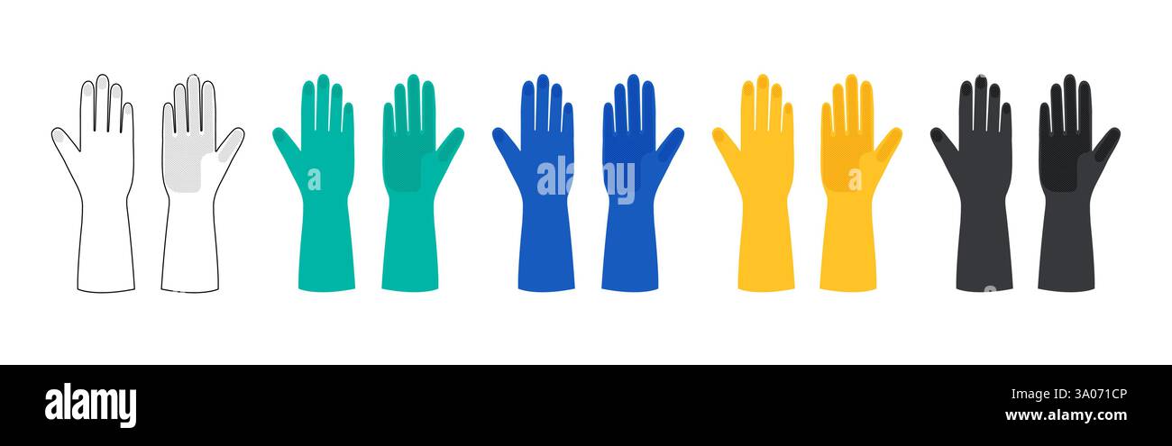 Set di guanti protettivi per pulizia in gomma accessori moda per mani indumenti per illustrazione tecnica indumenti. Lavastoviglie Vector per uomo, donna, modello piatto unisex modello CAD mockup stile cartoni animati Illustrazione Vettoriale