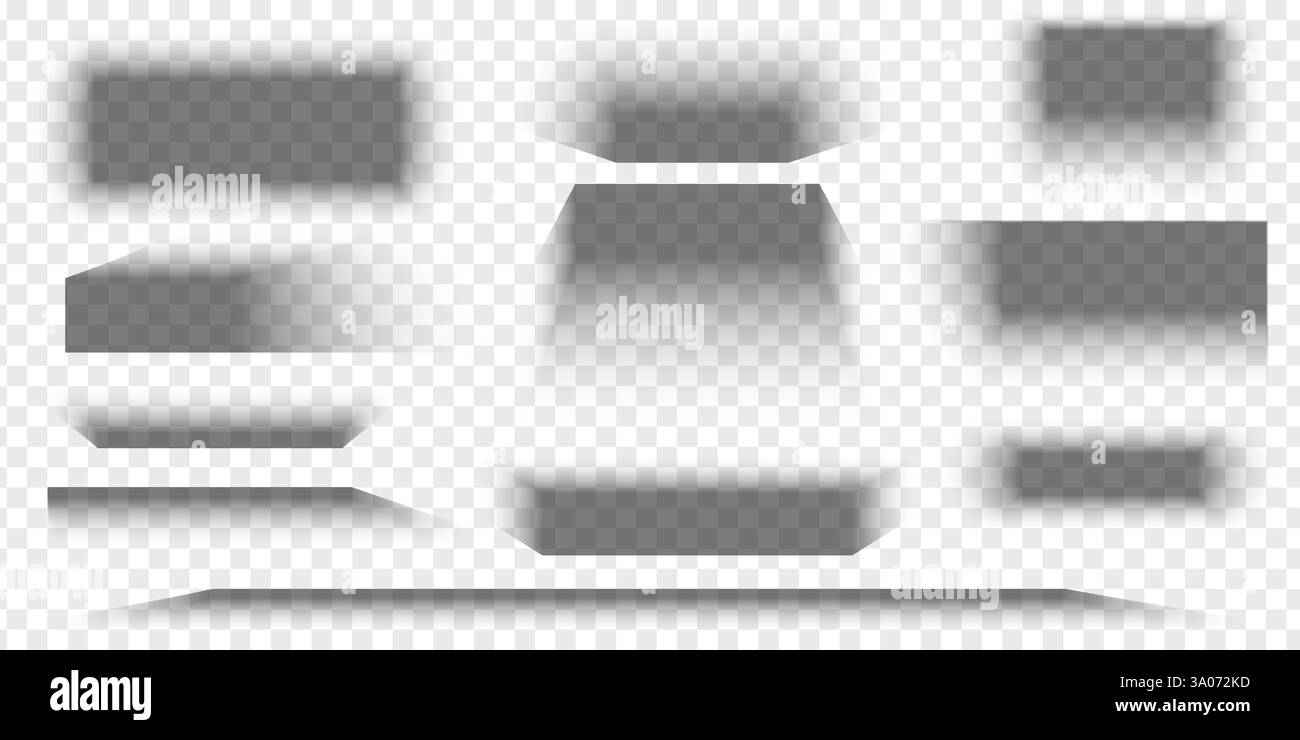 Set di effetti ombra per striscioni, carta o confezioni. Diverse forme realistiche di grigio tenue. Ombreggiature rettangolari isolate su sfondo trasparente. Illustrazione realistica vettoriale. Illustrazione Vettoriale