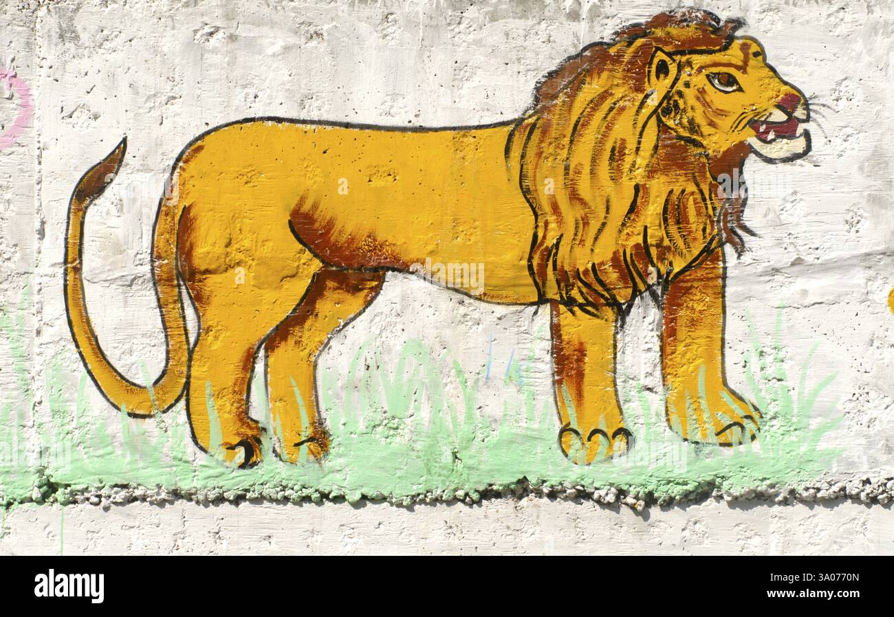 Leone, Leone animale selvatico dipinto sulle pareti del parco zoologico Rajiv Gandhi, Katraj, Pune, Maharashtra, India, Asia Foto Stock