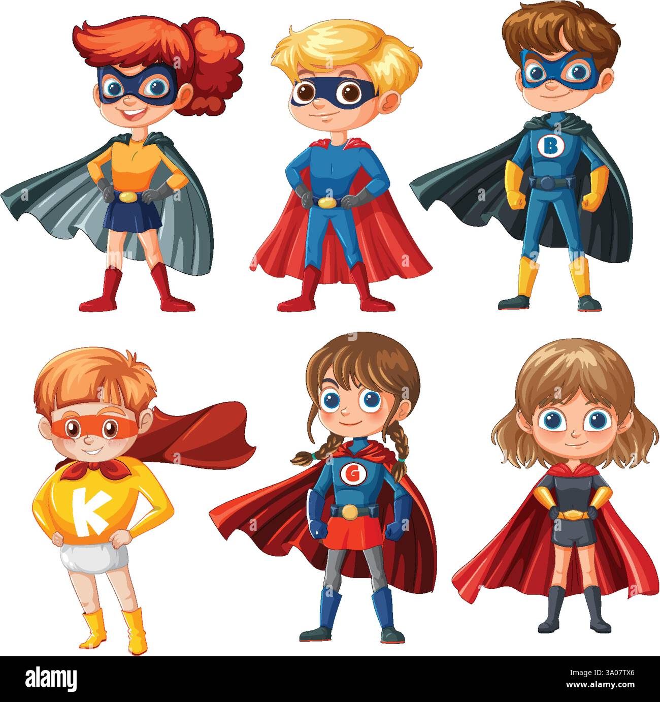 Sei bambini vestiti da supereroi con mantelle Illustrazione Vettoriale
