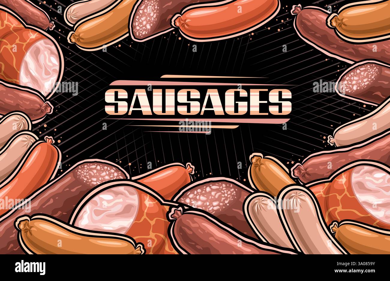 Layout Vector Sausage con spazio vuoto per le copie per l'annuncio, modello decorativo con diverse combinazioni di salsicce cotte, poster orizzontale con gruppo di Illustrazione Vettoriale
