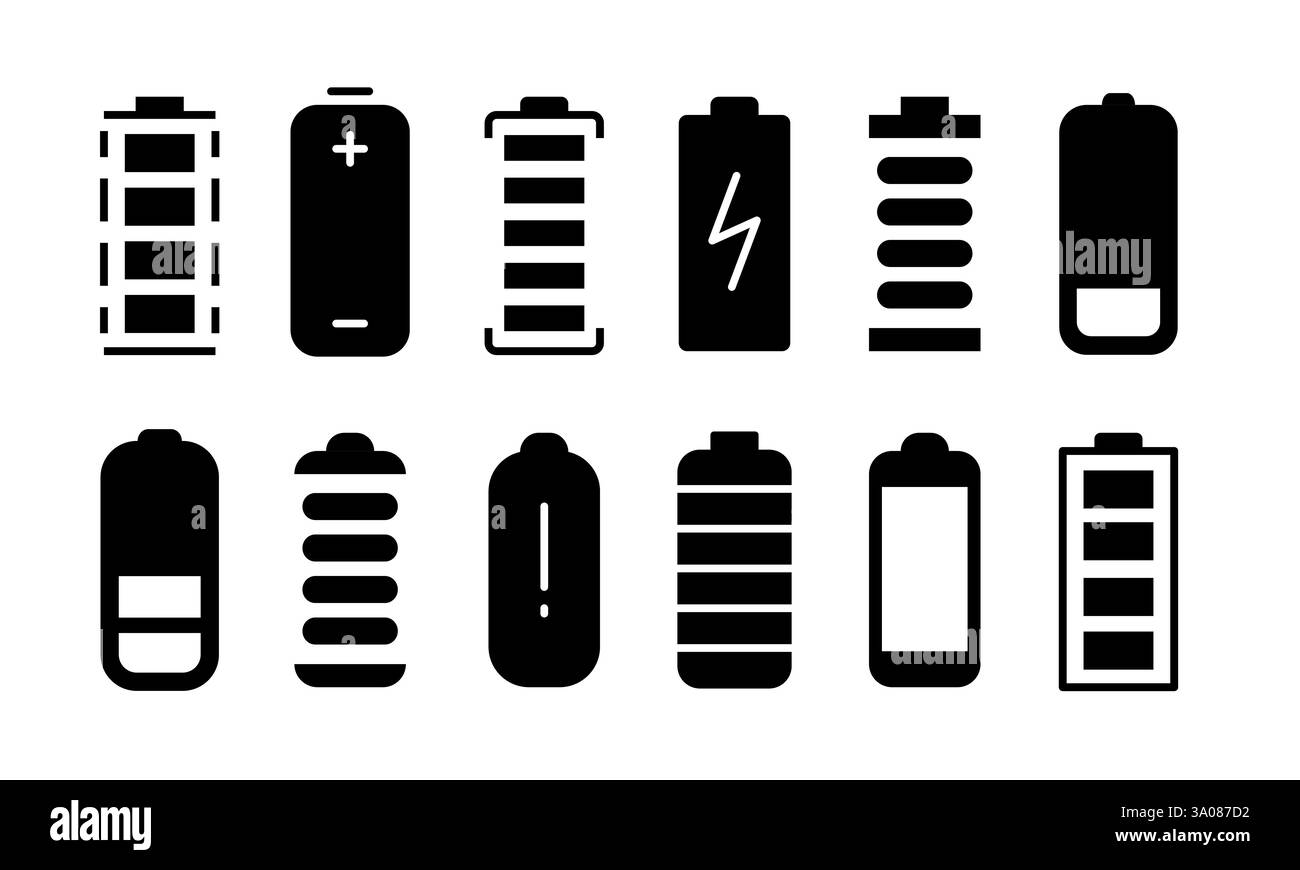 Batteria. Raccolta di diversi simboli del caricabatteria Illustrazione Vettoriale