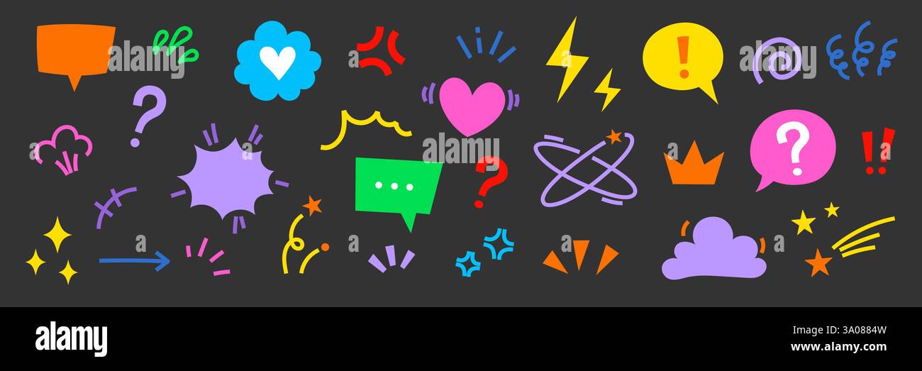 Set di icone di elementi di effetto fumetto fumettistico con fumetti. Fumetto simpatico, emoji, scintilla stellare, icona vettoriale cartoni animati movimento linea. Delinea il cuore di doodle, la freccia, la scintilla divertente. Illustrazione vettoriale Illustrazione Vettoriale