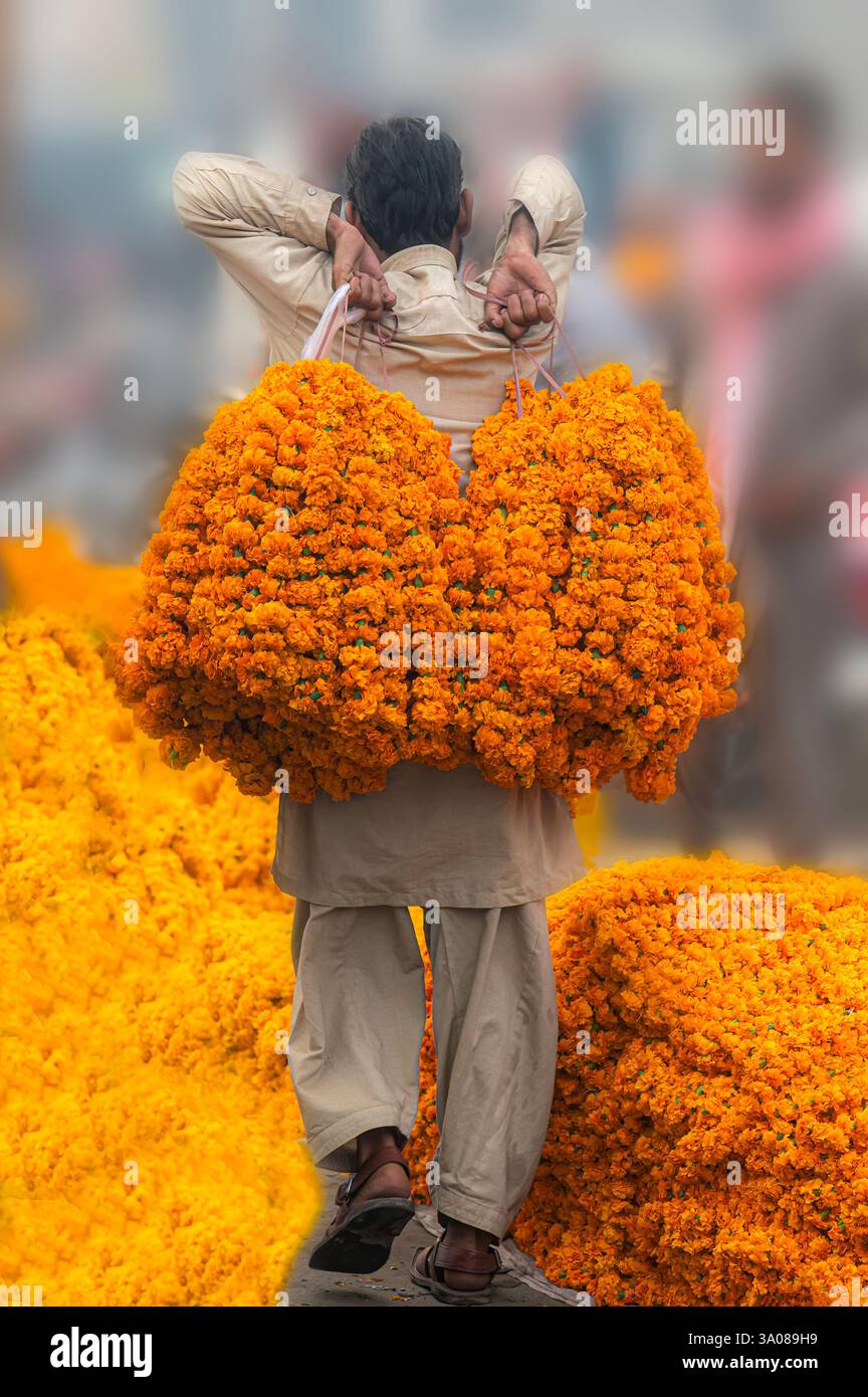 venditore di fiori con fiori gialli in negozio di fiori Foto Stock
