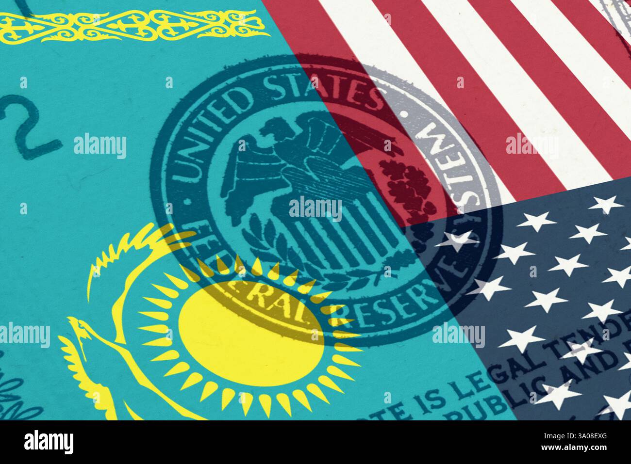 La bandiera del Kazakistan e degli Stati Uniti ha un frammento di una banconota da un dollaro. United States Federal Reserve System Foto Stock
