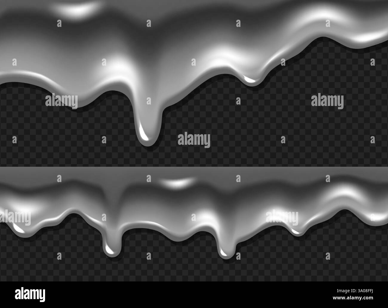L'argento liquido gocciola su sfondo trasparente: Gocce metalliche fuse e bolle con ombre. Elemento decorativo o sovrapposizione alla moda per un design grafico. Realistici spruzzi di fluido lucidi in metallo lucido. Illustrazione Vettoriale