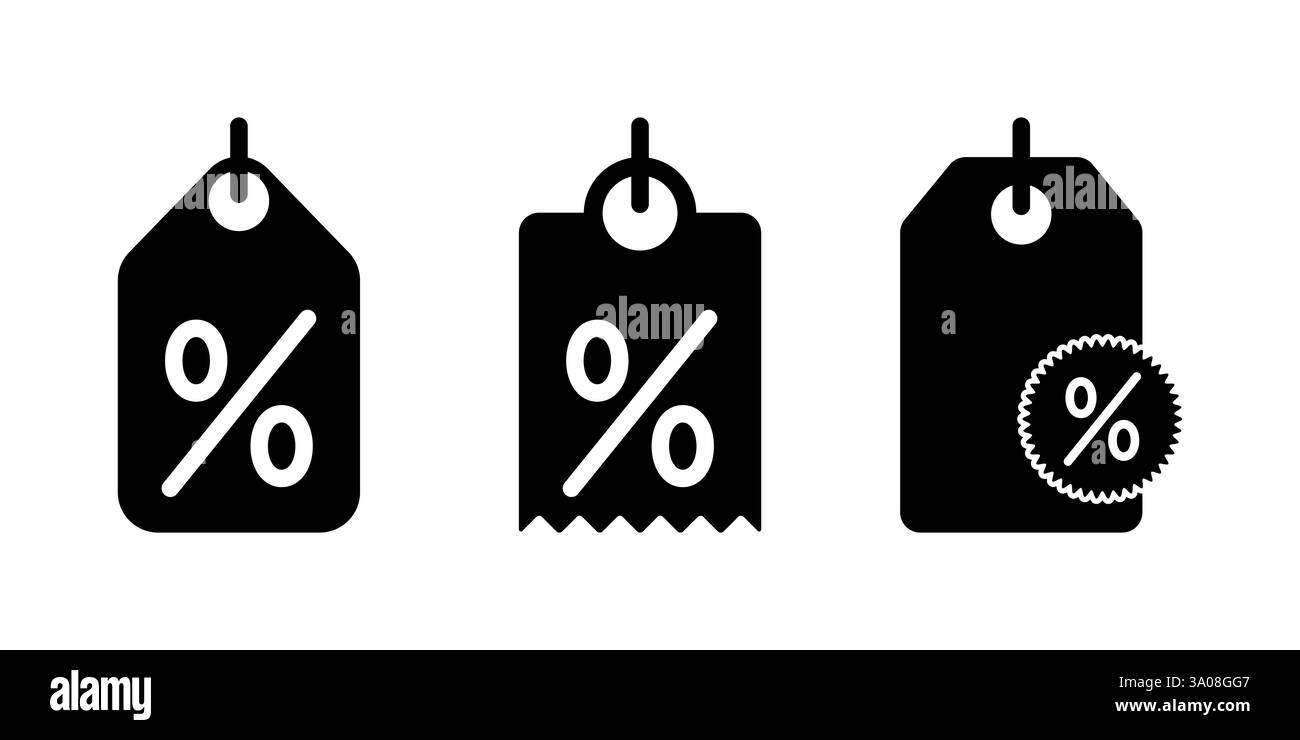 Icone nere dei tag sconto con segni di percentuale per la promozione di vendita Illustrazione Vettoriale