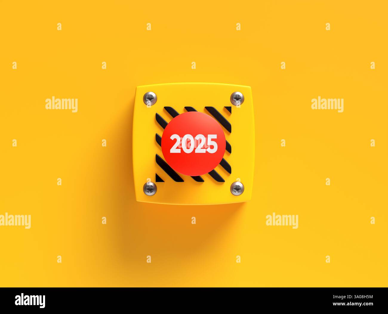 Pulsante rosso che mostra l'anno 2025, il concetto per un nuovo anno che inizia o arriva la scadenza. rendering 3d. Foto Stock