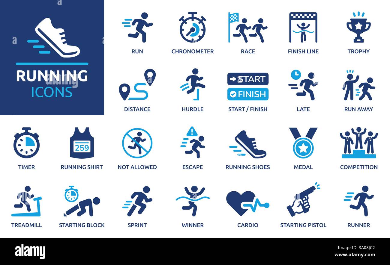 Set di icone in esecuzione. Elementi icona dello sport da corsa. Contiene icone di runner, gara, traguardo, tapis roulant e cronometro. Illustrazione vettoriale. Illustrazione Vettoriale