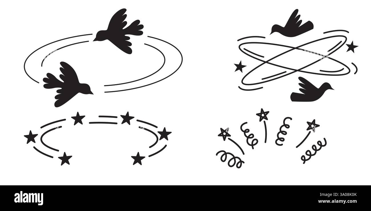 Effetti grafici di elementi emoticon fumettistici o manga vertigini disegnati a mano e ambientati isolati su sfondo bianco. Stile cartoni animati Illustrazione Vettoriale