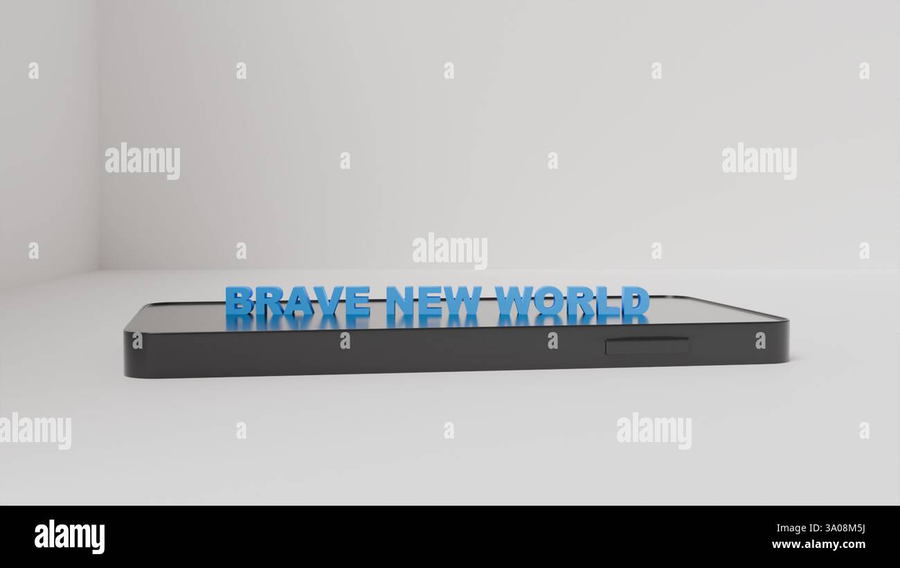 La frase Brave New World in blu è sullo schermo di un telefono cellulare su sfondo bianco, tempo per il cambiamento Foto Stock