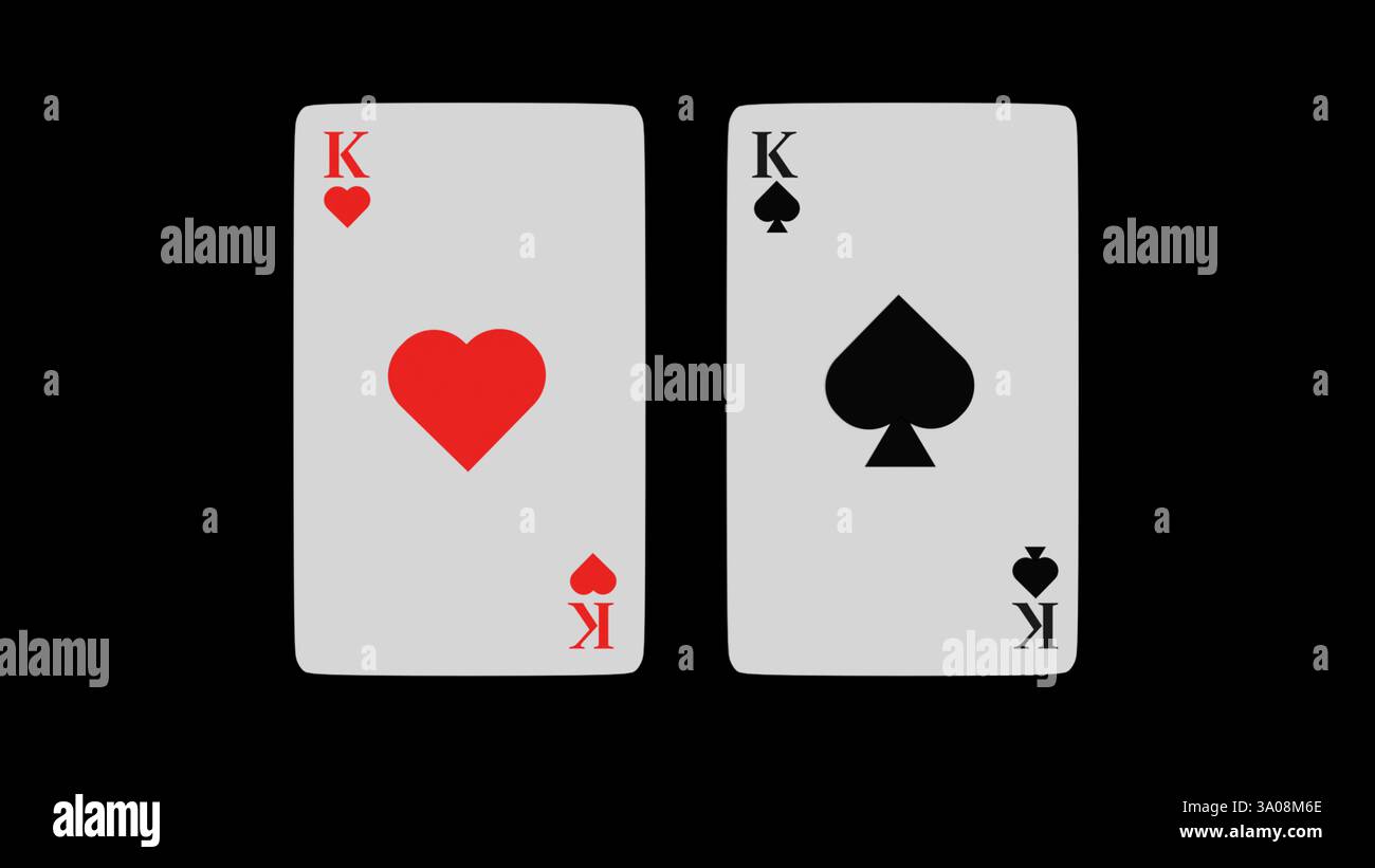 Modello 3D di due carte da gioco cuori e picche su sfondo grigio, gioco d'azzardo Foto Stock