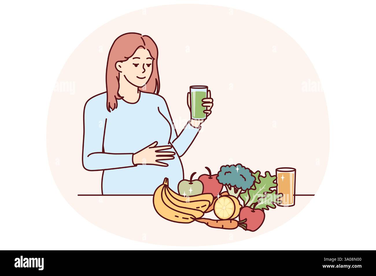 La donna incinta beve succo da frutta e verdura fresca in piedi vicino all'acciaio con cibo sano con vitamine. La ragazza incinta si sta preparando a diventare madre e prendersi cura del nascituro Illustrazione Vettoriale