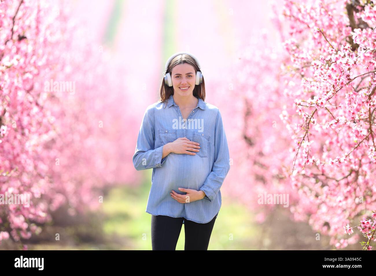 Vista frontale di una donna incinta felice con le cuffie che guarda la fotocamera in un campo Foto Stock