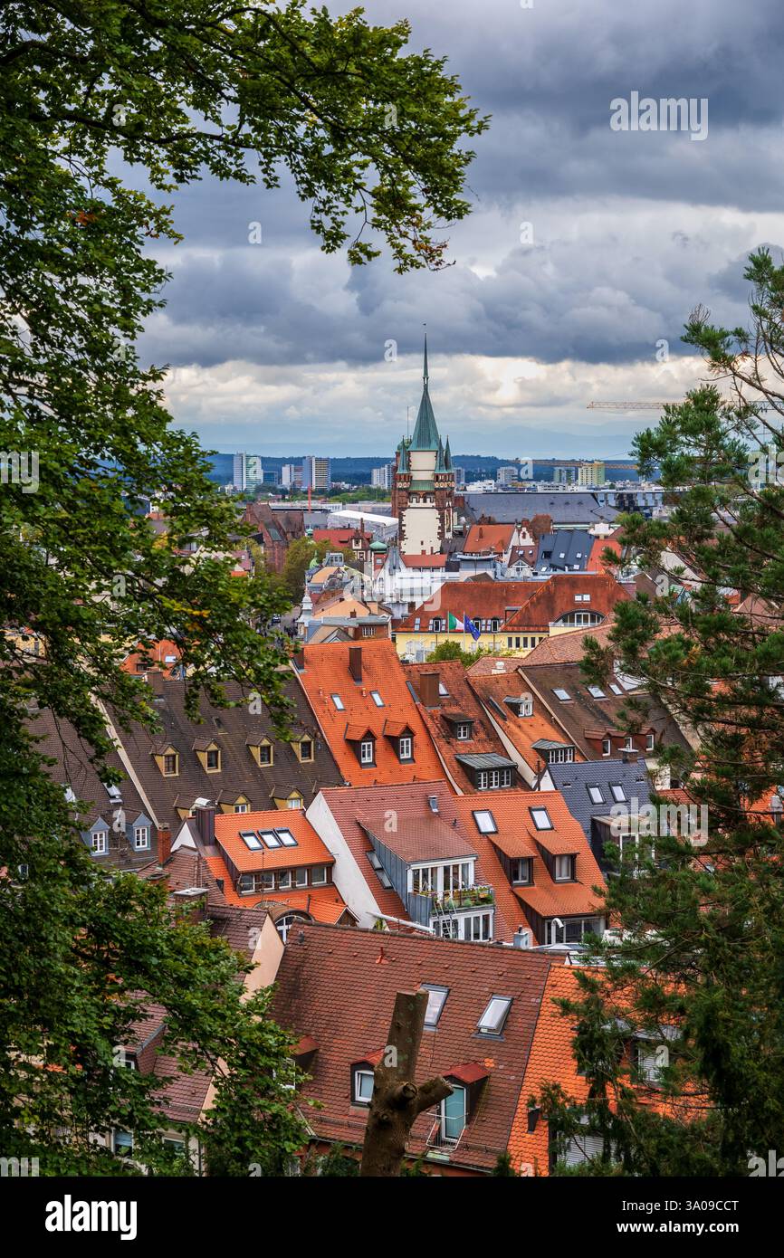 Città di Friburgo in Breisgau in Germania. Tetti in tegole di case tradizionali nella città vecchia. Foto Stock