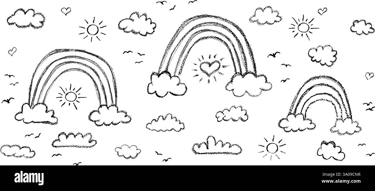 Set di nuvole astratte a matita e arcobaleno. Cartoon disegnato a mano cielo nuvoloso e sole. Collezione di illustrazioni vettoriali di cuori neri e silhouette di uccelli Illustrazione Vettoriale