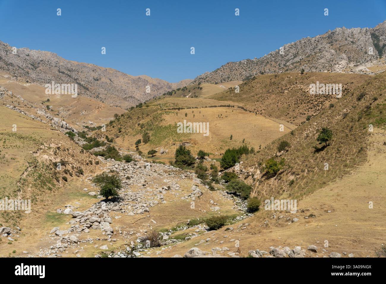 Una catena montuosa con un fiume che la attraversa Foto Stock