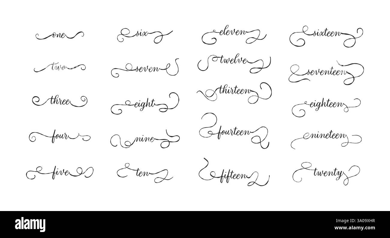 Da uno a venti numeri. Citazione disegnata a mano. Calligrafia a pennello moderno. Isolato su sfondo bianco Illustrazione Vettoriale