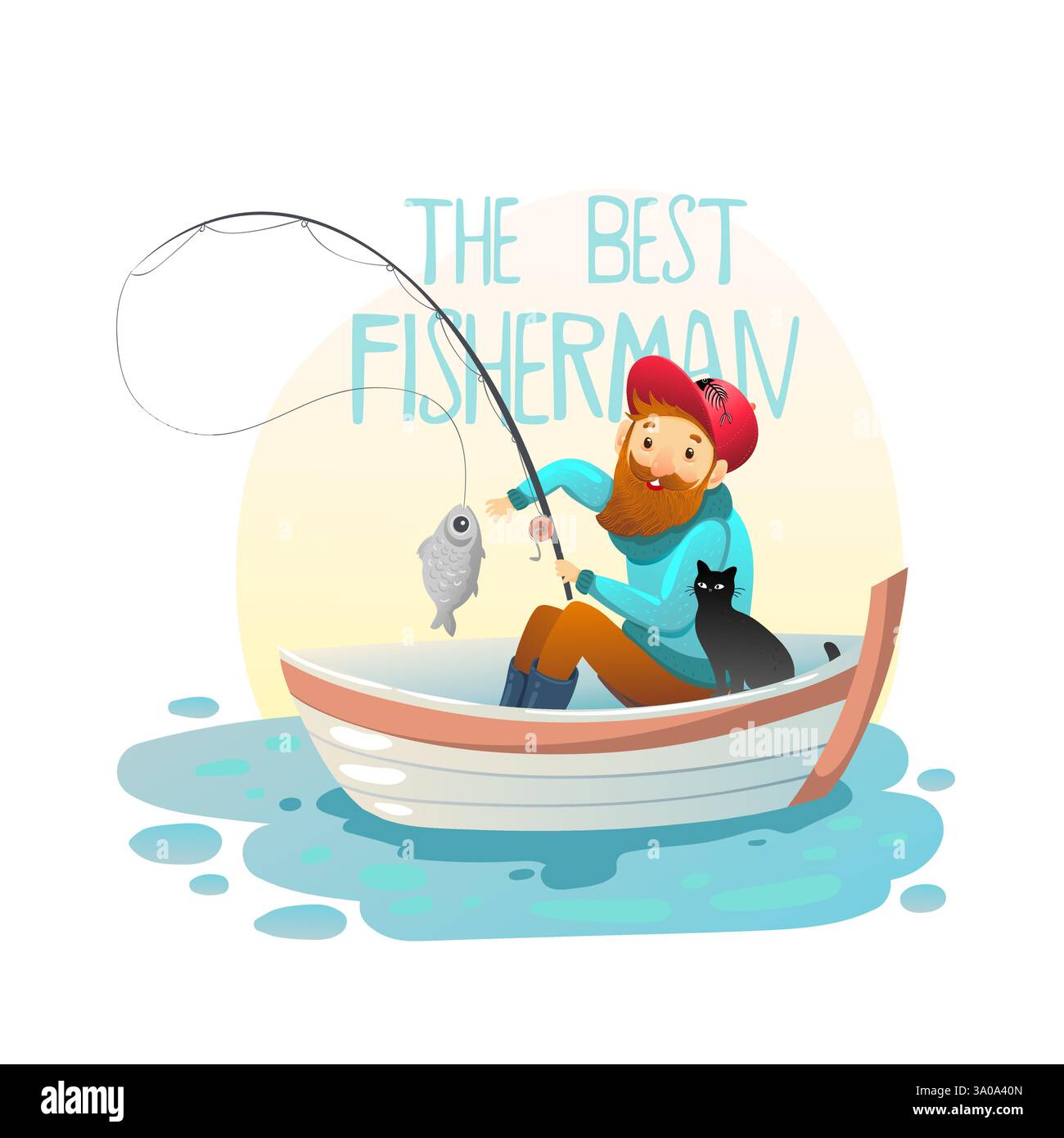 Pescatore Hipater sulla barca, illustrazione vettoriale EPS 10. Illustrazione Vettoriale