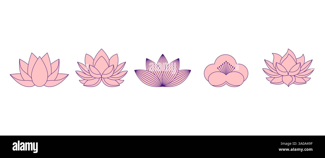 Collezione di fiori di loto rosa. Set minimalista di semplici illustrazioni, icone e loghi. Illustrazione Vettoriale