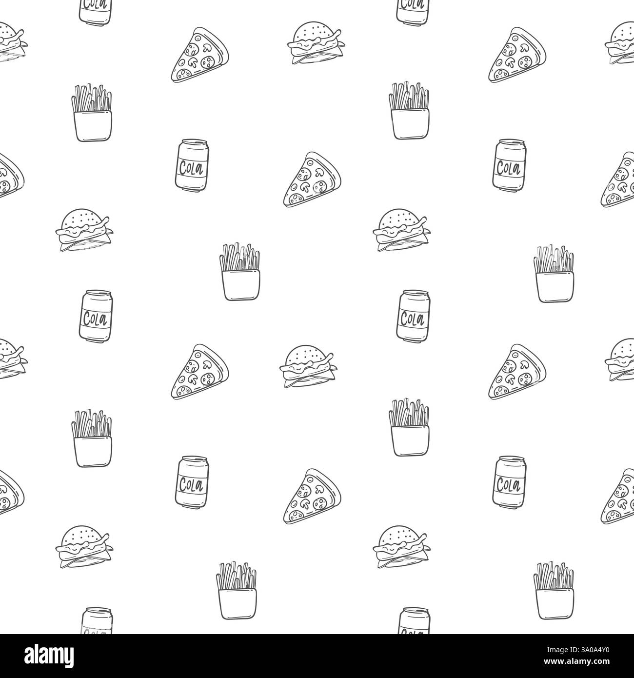 Sfondo senza cuciture con pizza, cola, patate fritte, sandwich, illustrazione vettoriale EPS 10. Illustrazione Vettoriale