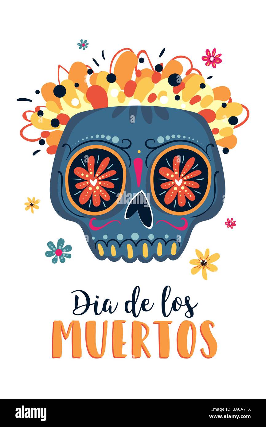 Dia de Los Muertos, giorno messicano dei morti, set di biglietti di auguri con lettere Illustrazione Vettoriale