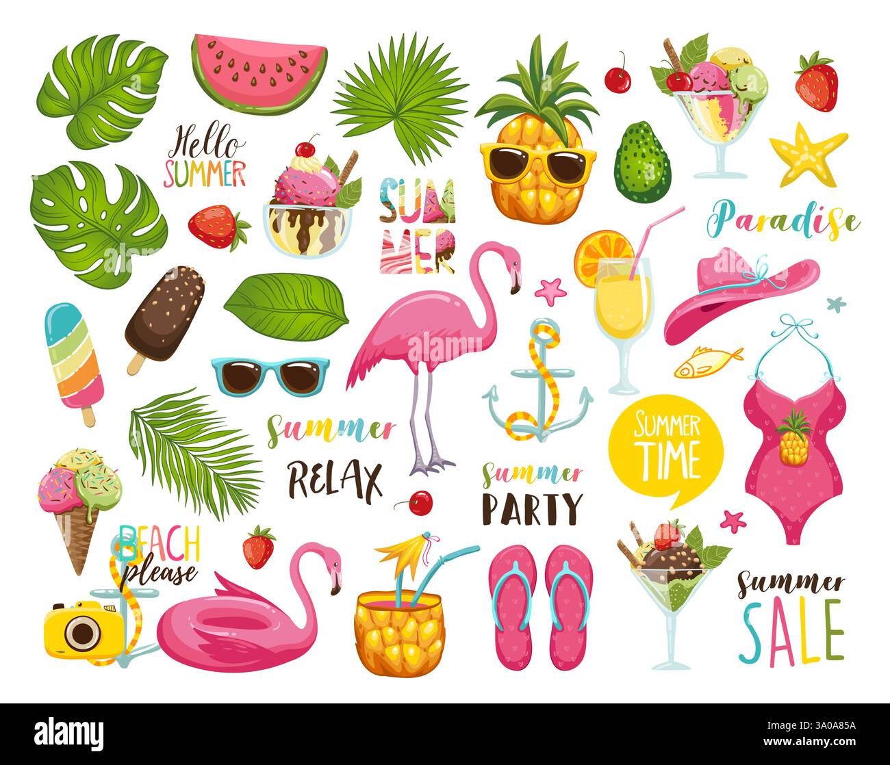 Set estivo con elementi da viaggio disegnati a mano. Gelato, anguria, foglie, cappello, sandali, ananas, sacchetti calligrafici e altro Illustrazione Vettoriale