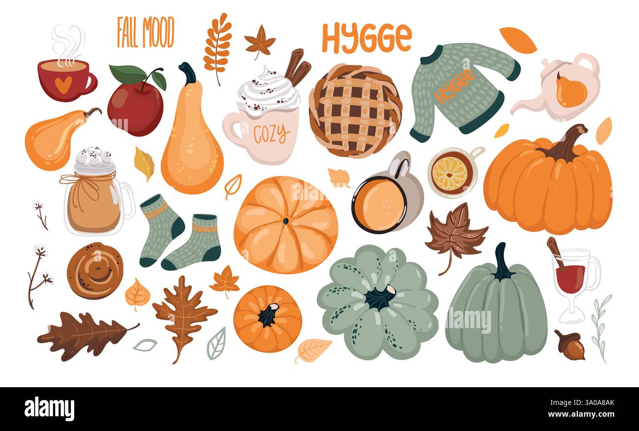 Set vAutumn con elementi disegnati a mano. Calligrafia, foglie cadenti, animali e altro. Illustrazione Vettoriale