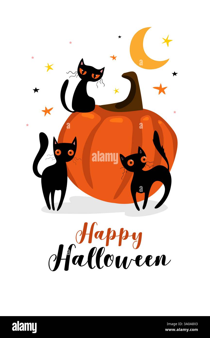 Happy halloween card con zucca e gatto nero. Illustrazione Vettoriale