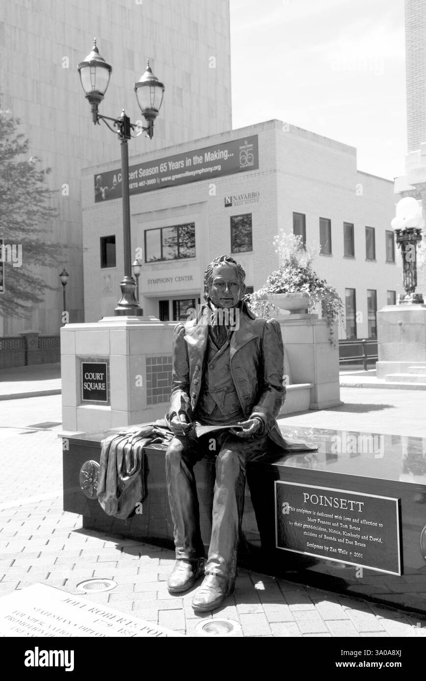 Statua di Joel Poinsett nel centro di Greenville, South Carolina, Stati Uniti. Fondatore dell'istituzione nazionale per la promozione della scienza. Foto Stock