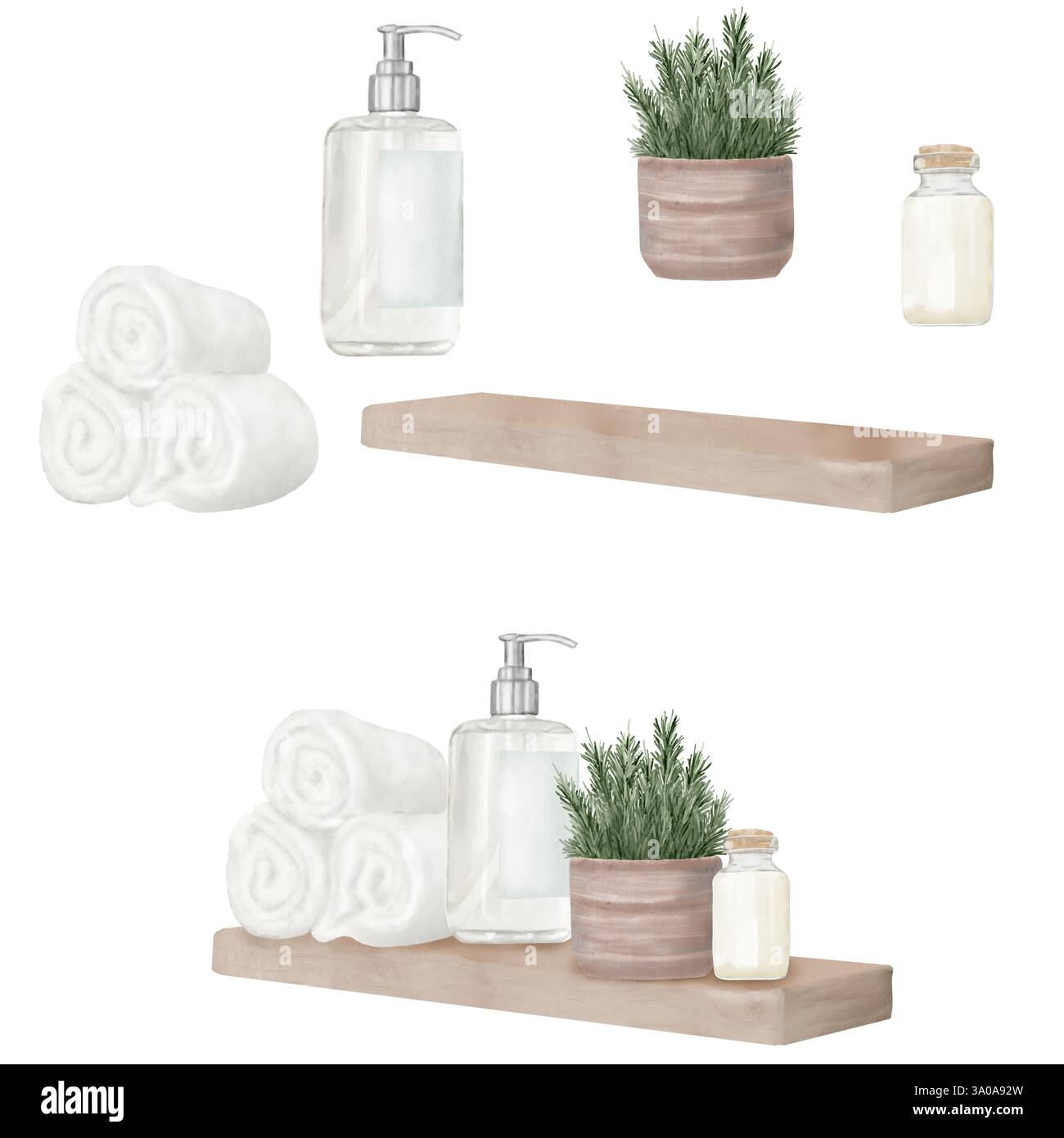 Ripiano in legno con bottiglie e asciugamani in rotolo. Illustrazione digitale acquerello. Bagno isolato su sfondo bianco. Sapone e fiori da interno in un p Foto Stock