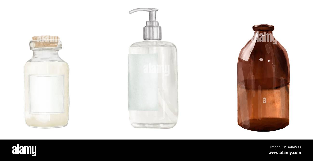 Flacone in vetro trasparente con dispenser e matraccio con tappo in legno. Illustrazione digitale acquerello. Fiala marrone con liquido isolato su backgroun bianco Foto Stock