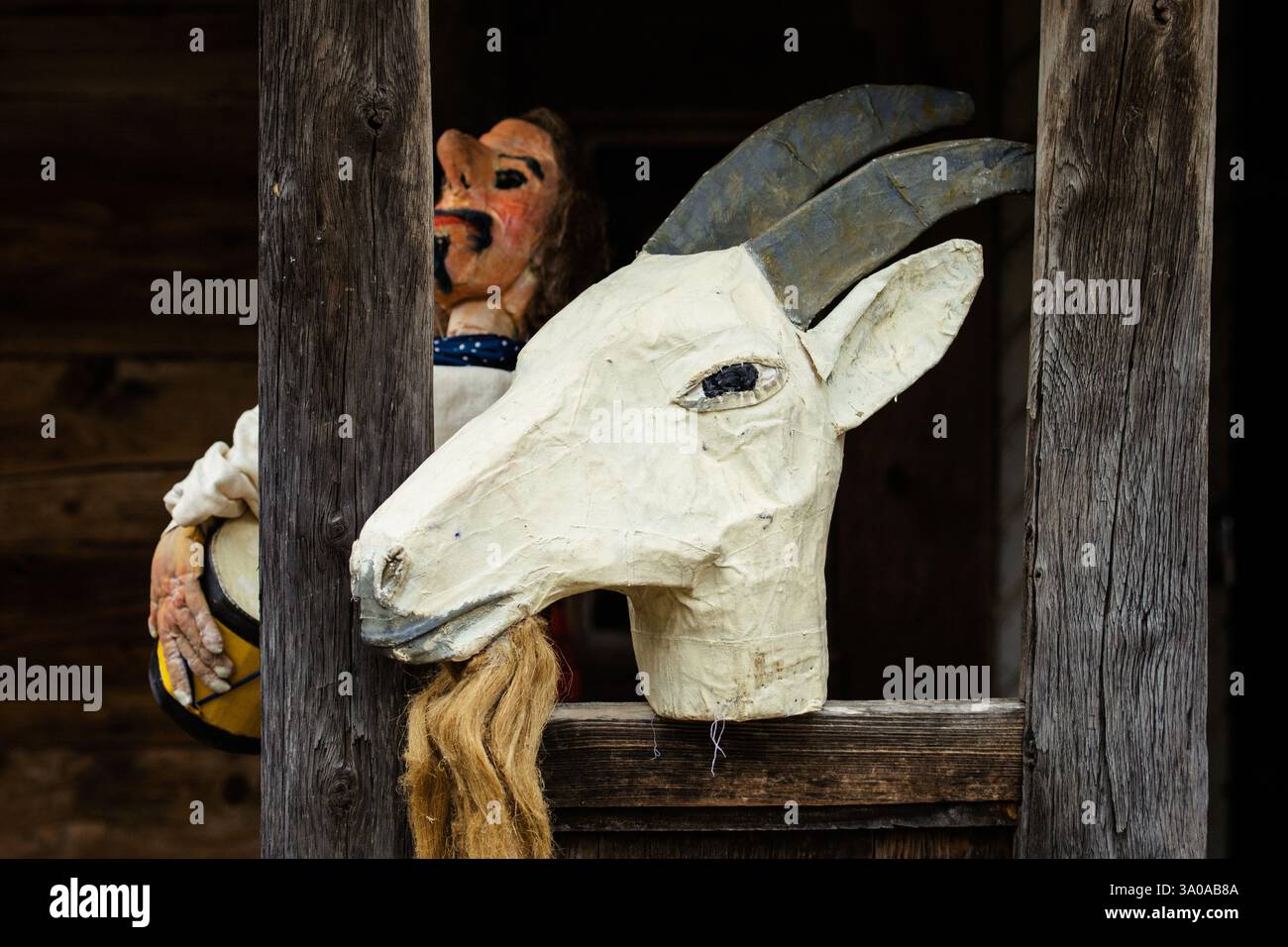 Tradizionale testa di capra in legno a Rumsiskes, Lituania durante Uzgavenes, una festa popolare lituana durante il carnevale, la settima settimana prima di Pasqua Foto Stock