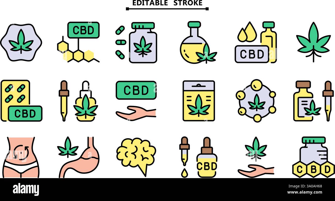 Apri la mano con il set di icone a foglia di marijuana. Traccia modificabile. Raccolta icone cannabidiolo. Legalizzazione della cannabis. Simboli semplici. Disegno isolato vettoriale Illustrazione Vettoriale